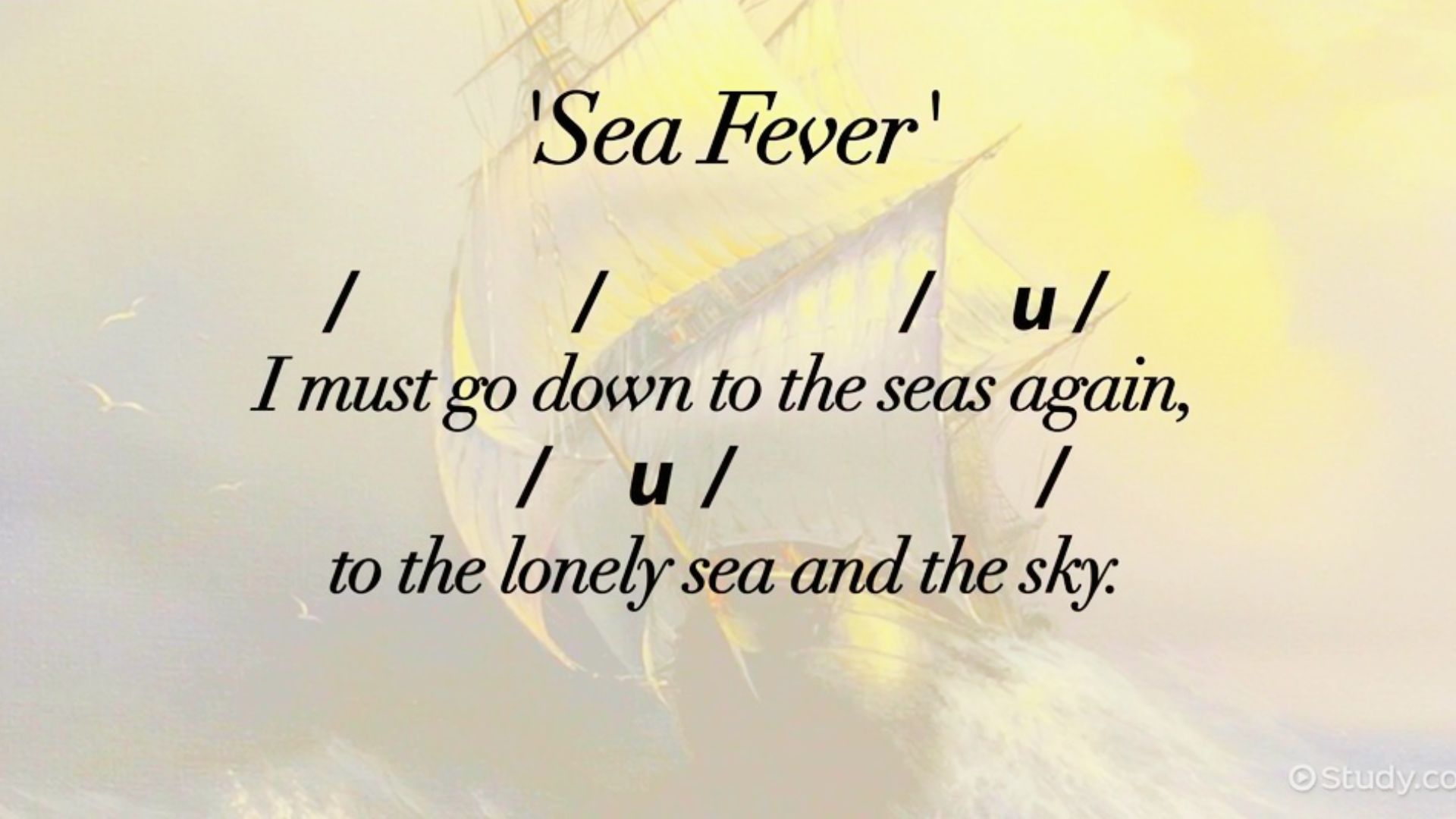 Sea Fever lines marked with stress symbols to show how poetic meter is scanned.