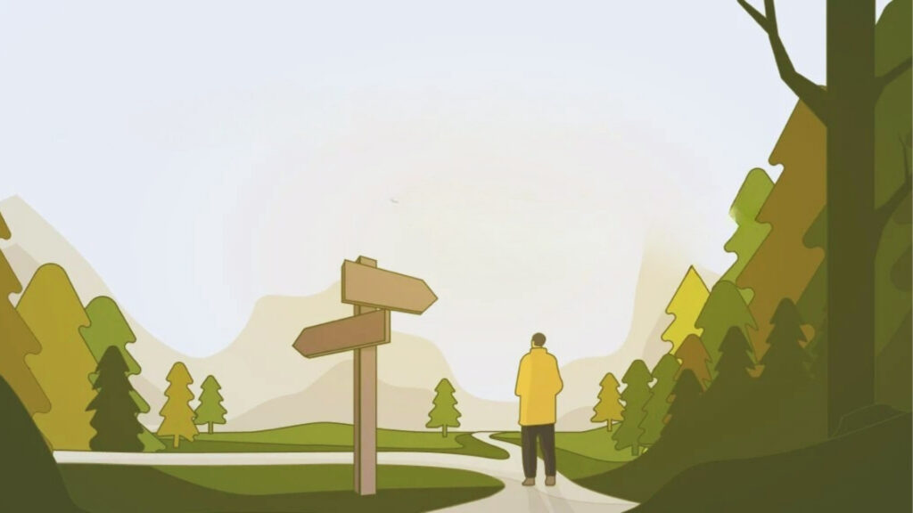 Illustration of person in yellow coat facing forked path with wooden signpost in sunny forest landscape.
