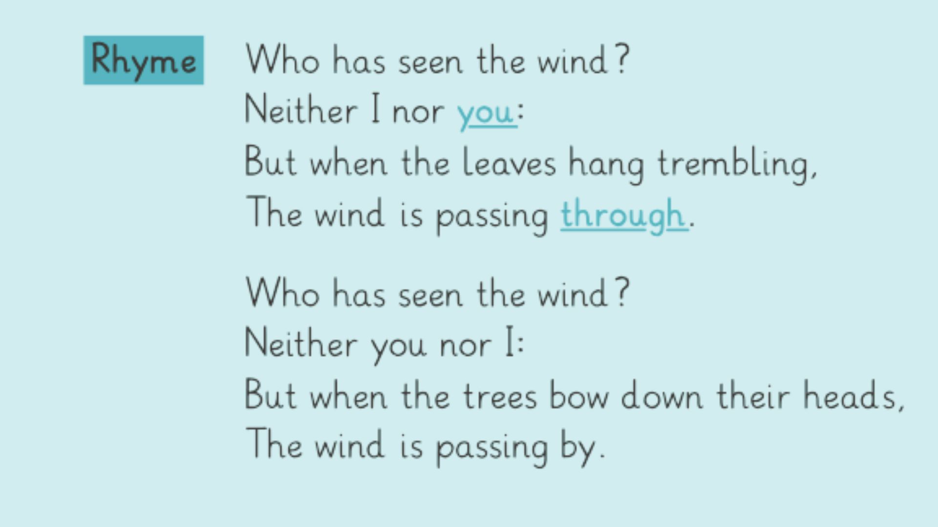 Slide showing Who Has Seen the Wind? with you and through highlights to demonstrate end rhyme.