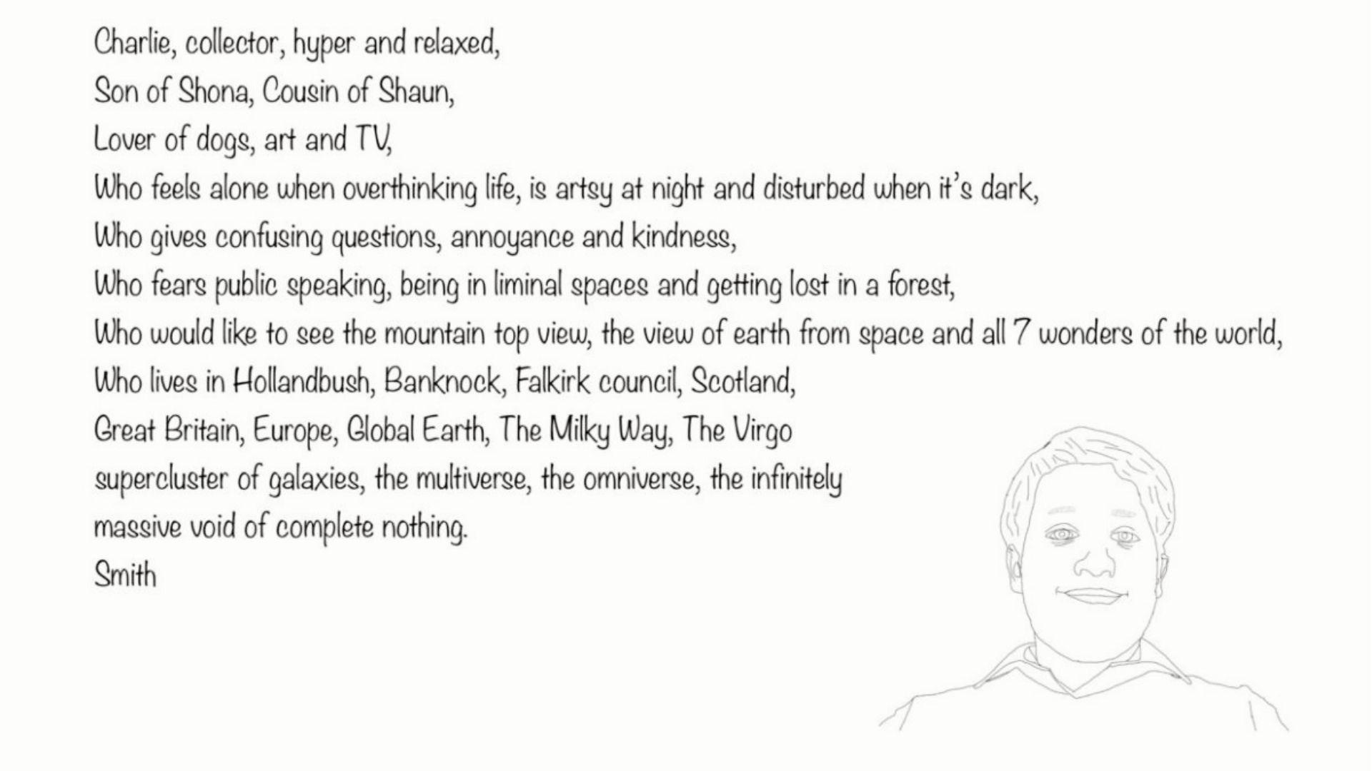 Handwritten creative bio poem about Charlie with line drawing portrait describing personality, family, fears, dreams, and location.