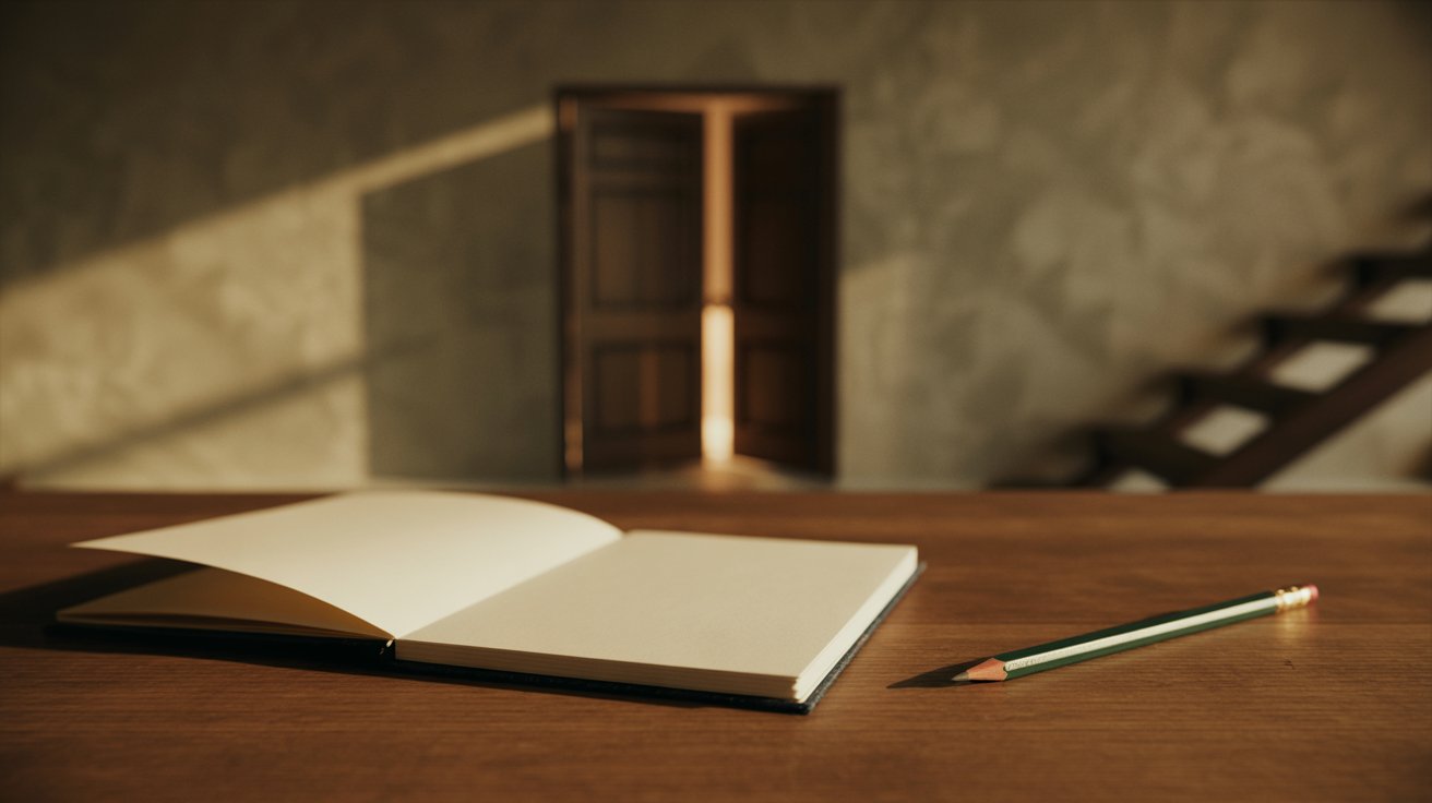 "Blank notebook and untouched pencil on a desk with soft shadows symbolizing fear of failure and hesitation."