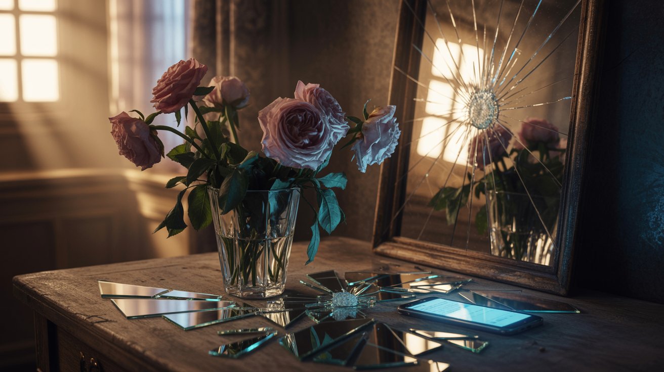 "Wilted flowers, cracked mirror, and glowing phone in a dark room symbolizing a toxic relationship."