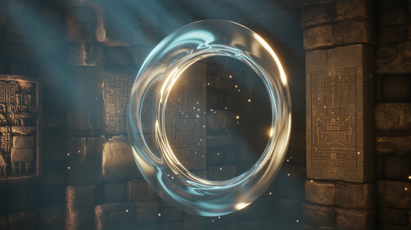 "Glowing circular portal in an ancient stone chamber emitting light and energy in a tense, mysterious atmosphere."