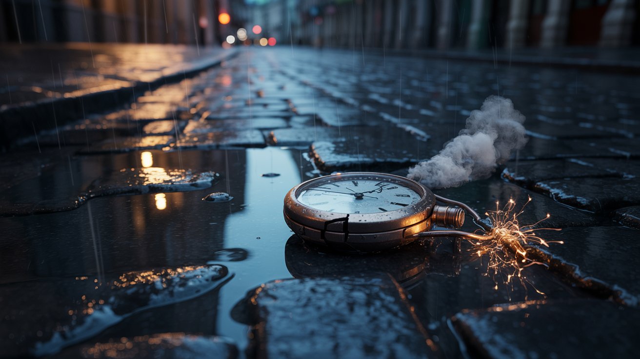 "Broken metallic time device on wet cobblestones under rain and streetlights with sparks and reflections."
