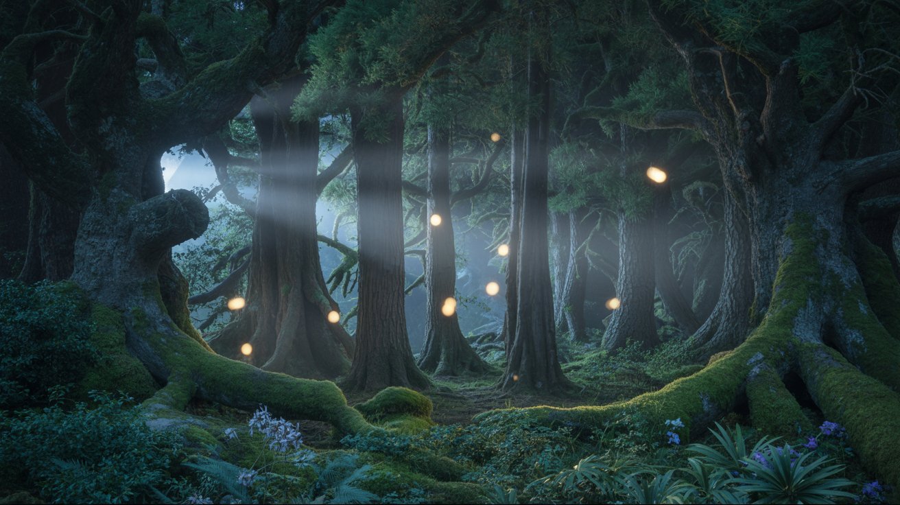 "Moonlit magical forest with glowing orbs and mist creating a dreamlike mysterious night atmosphere."