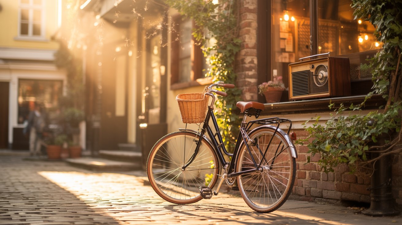 "Golden hour street corner with a bicycle and warm light evoking nostalgic first love memories."