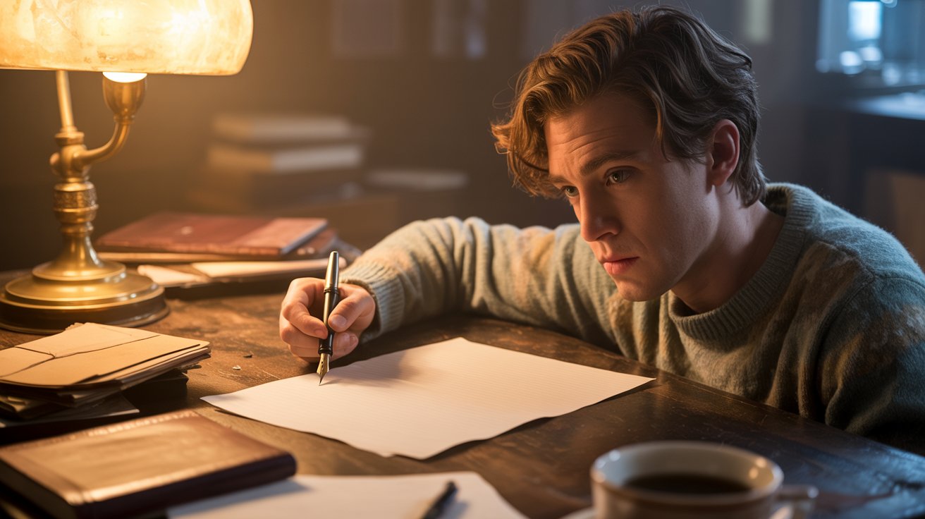 "Young writer sitting at a desk with a blank notebook, searching for poetry ideas in a cozy and realistic creative workspace."