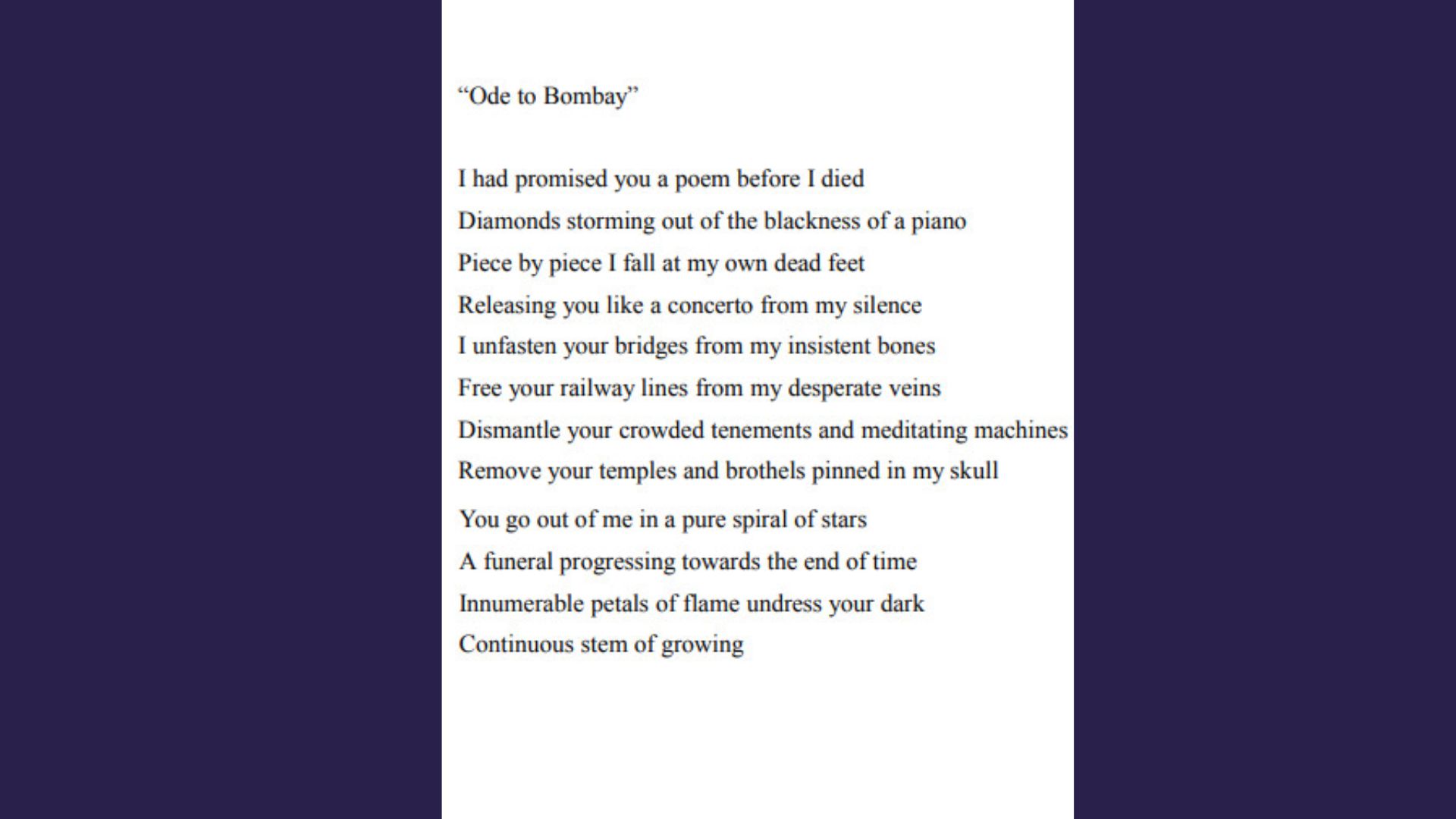 "Poem titled 'Ode to Bombay' in quotation marks, printed in black text on a white page with dark purple borders. The poem uses vivid imagery of diamonds, piano, bridges, railway lines, temples, brothels, and stars to describe the city."