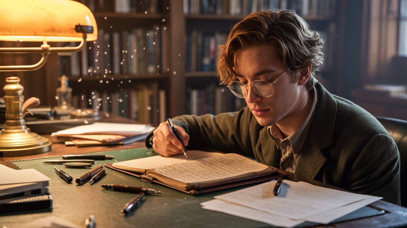 "Young poet writing an ode poem in a notebook at a cozy desk with warm lighting and creative atmosphere."