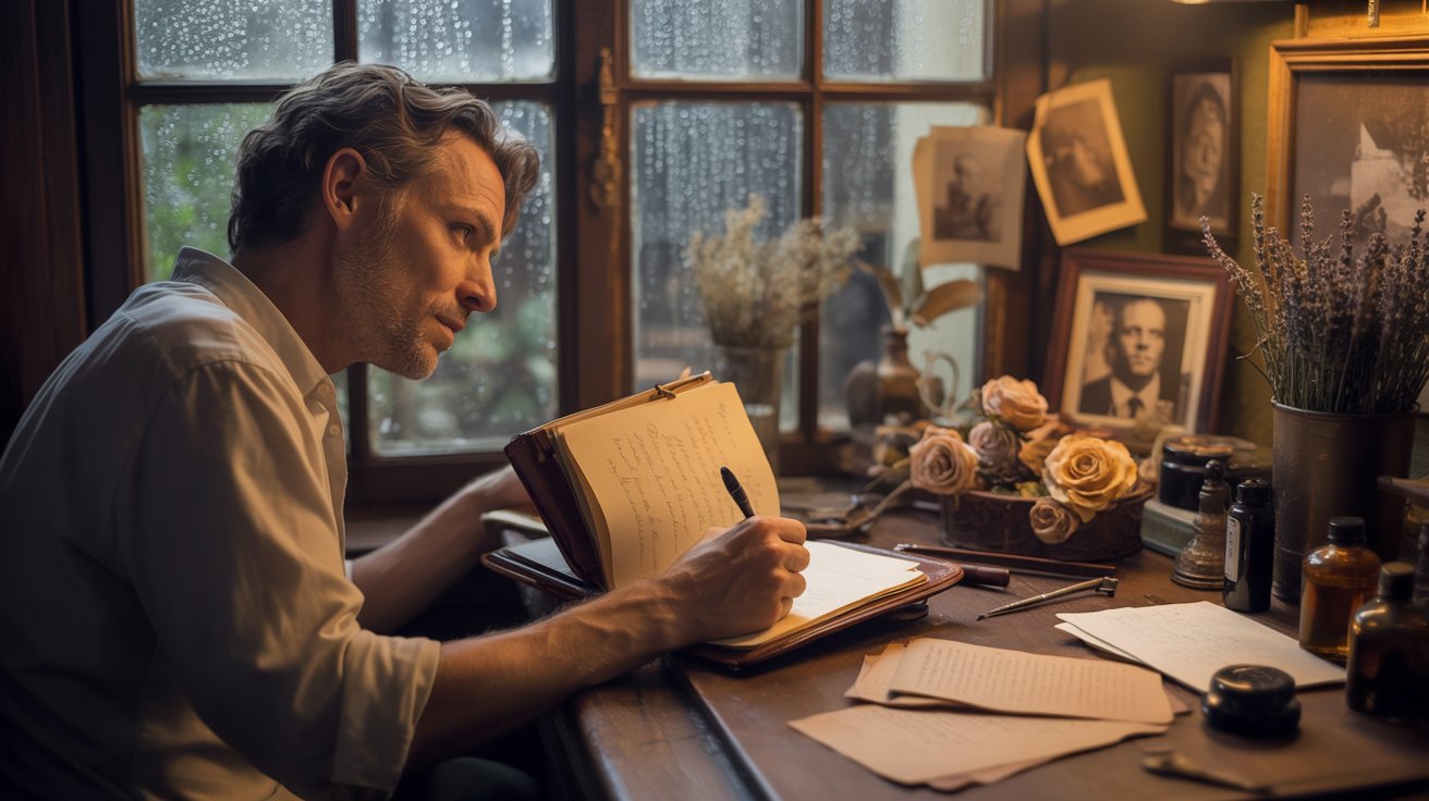 "Poet writing emotional poetry in a cozy room filled with personal memories and creative inspiration."