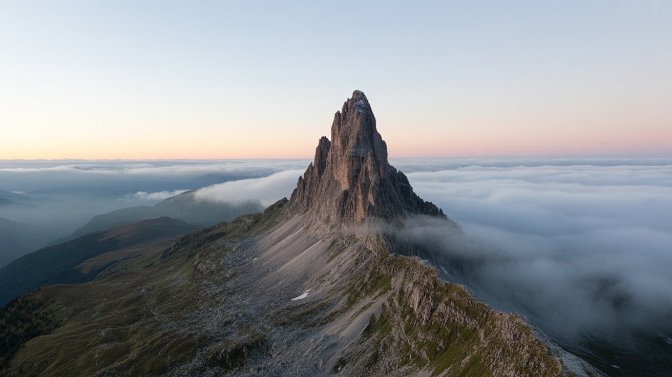 "Lonely mountain peak rising above clouds at dawn symbolizing solitude, strength, and perspective."