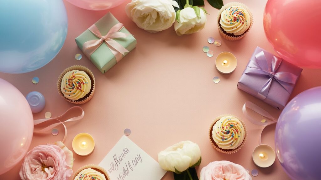 Soft pastel birthday flat lay with cupcakes, gifts, balloons, poetry cards, confetti, candles, and flowers.