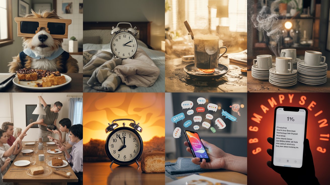 "Cinematic collage of humorous everyday chaos including pets, coffee addiction, phone panic, group chat confusion, and kitchen disasters."