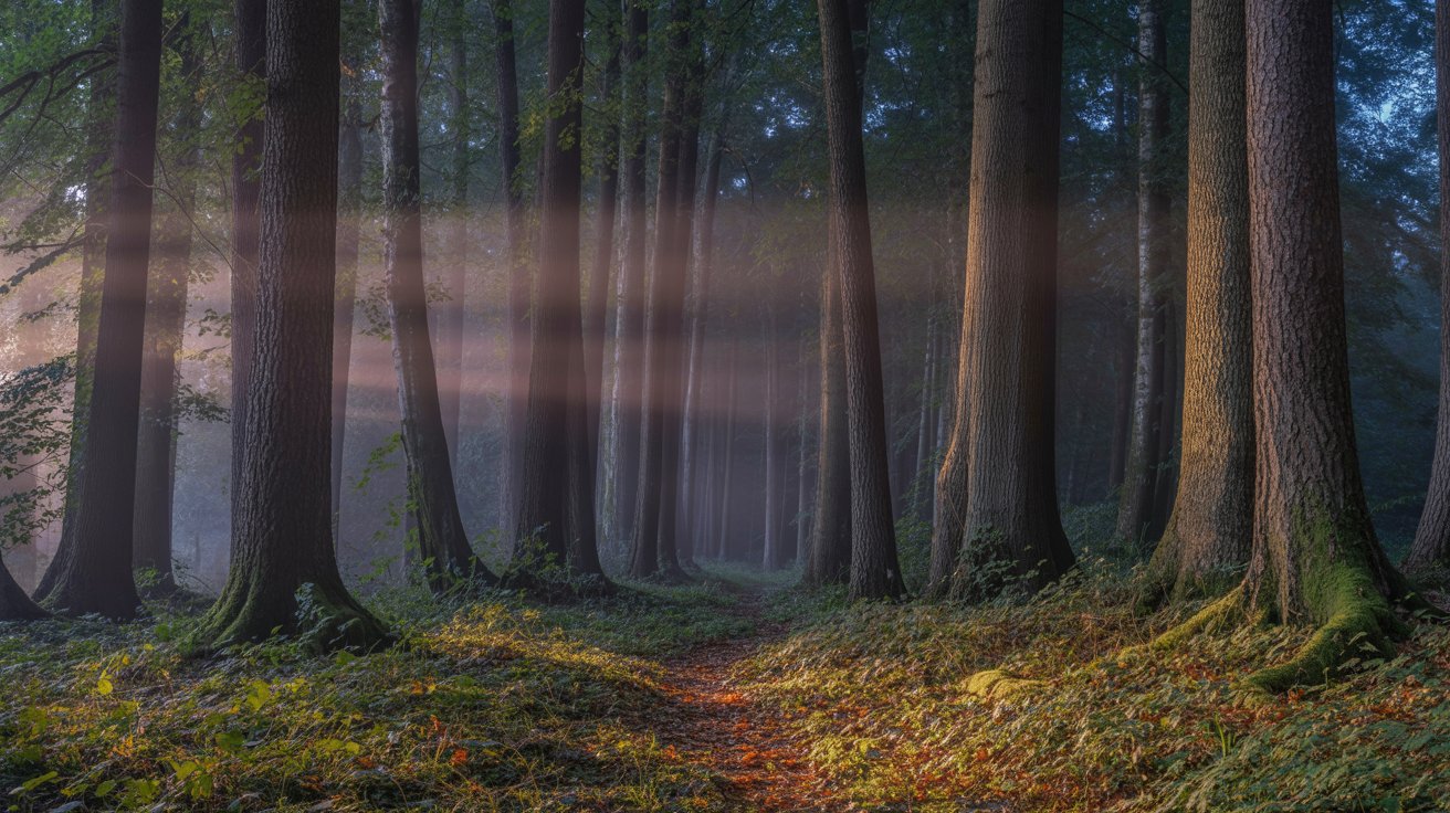 "Misty forest with shadowy trees and a hidden path creating a mysterious and atmospheric mood."
