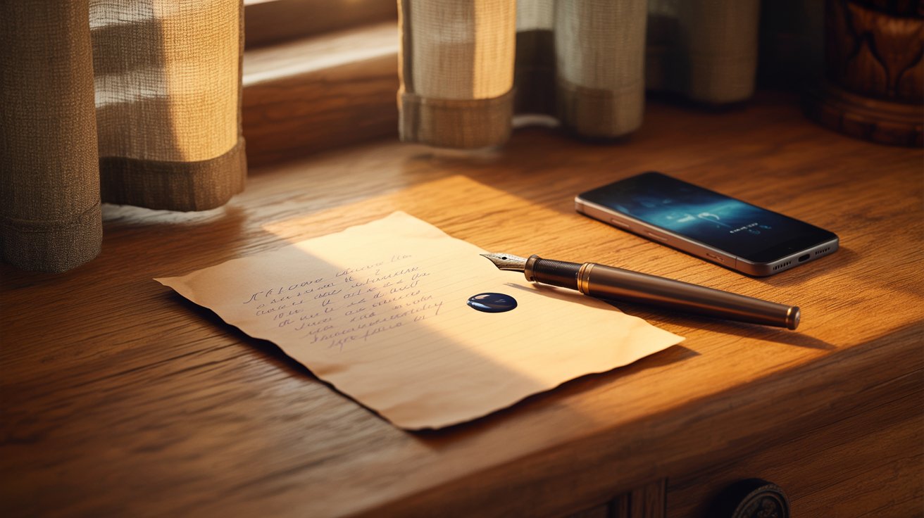 "Unfinished handwritten letter beside a glowing phone capturing the feeling of unspoken emotions."
