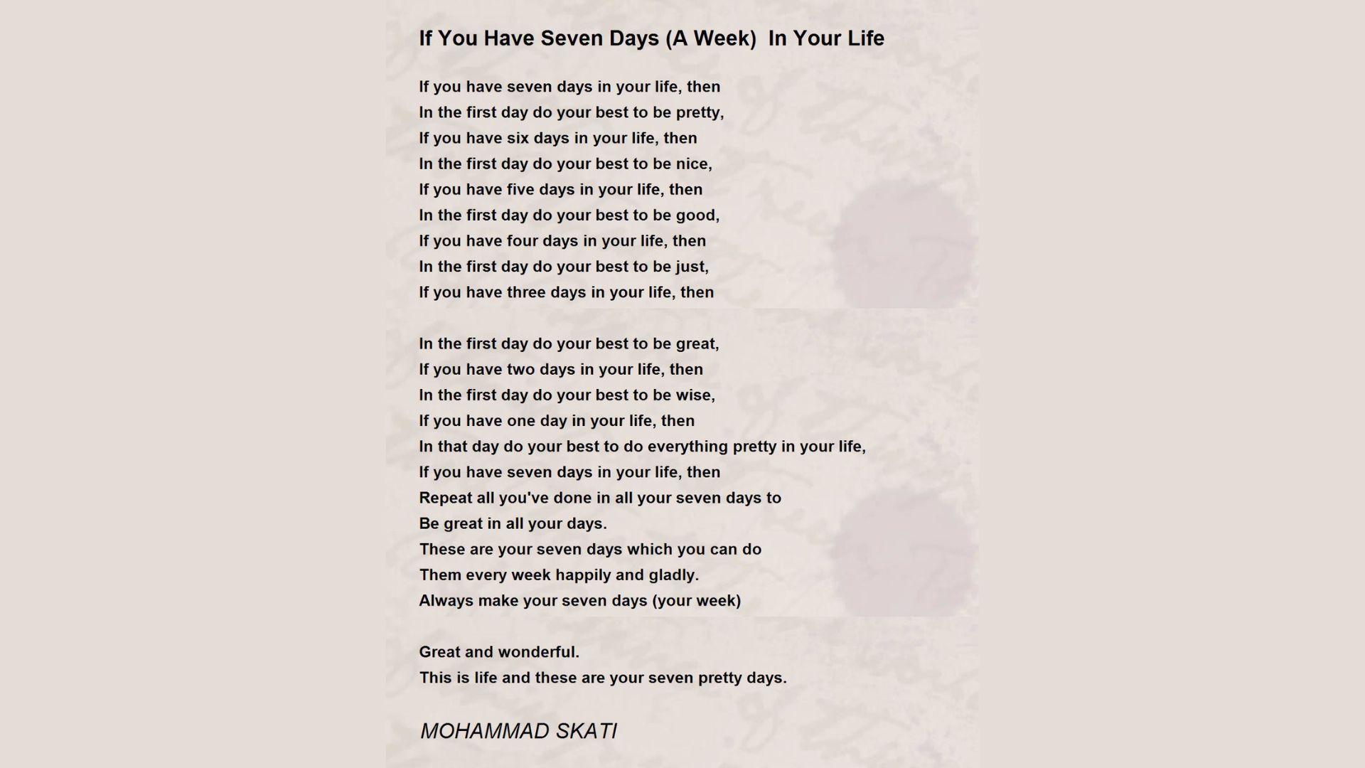 If You Have Seven Days (A Week) In Your Life' by Mohammad Skati in black text on a textured beige background, giving advice for each day if you have seven, six, five, etc., days left to live."