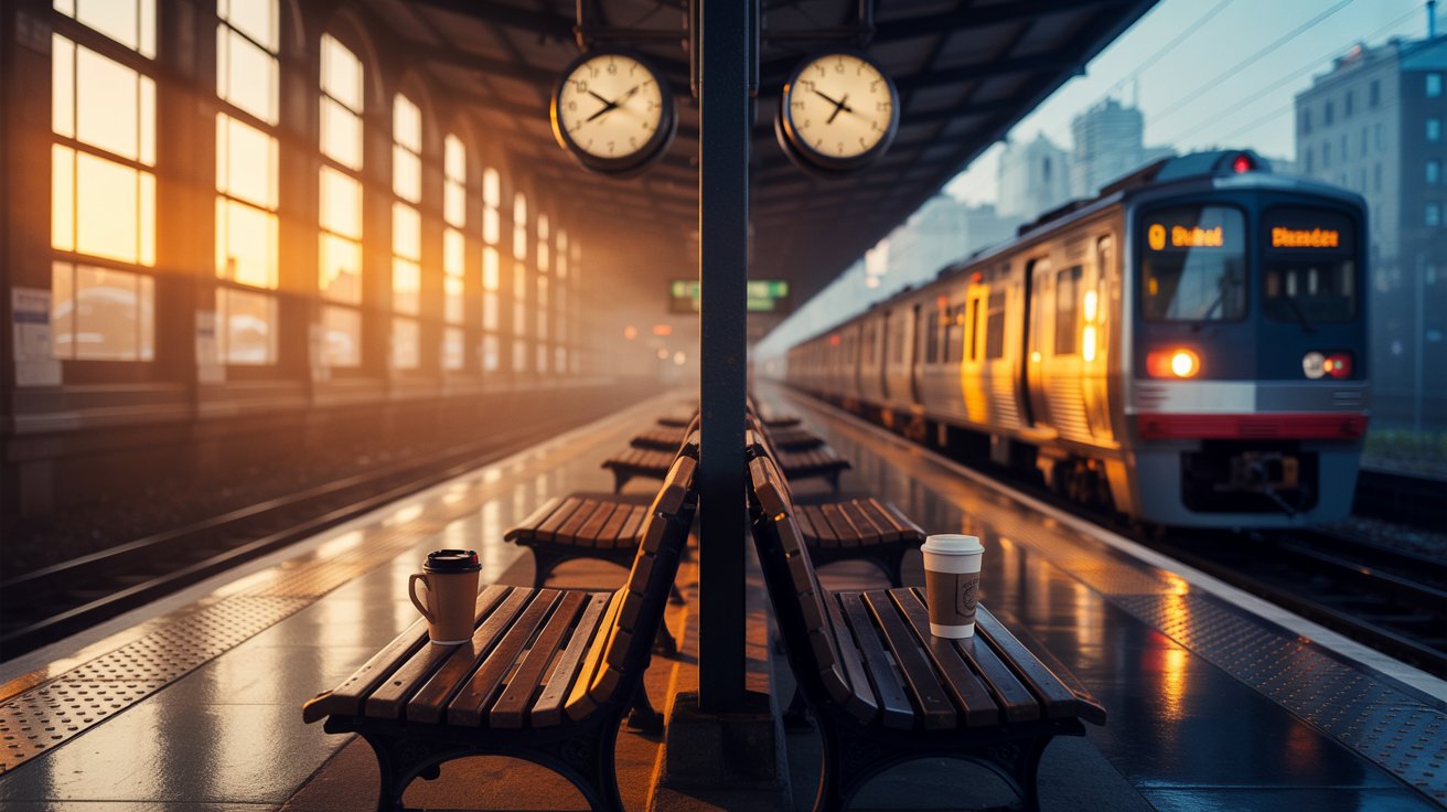 "Empty train station divided by warm and cool light with unattended coffee cups symbolizing meeting someone at the wrong time."