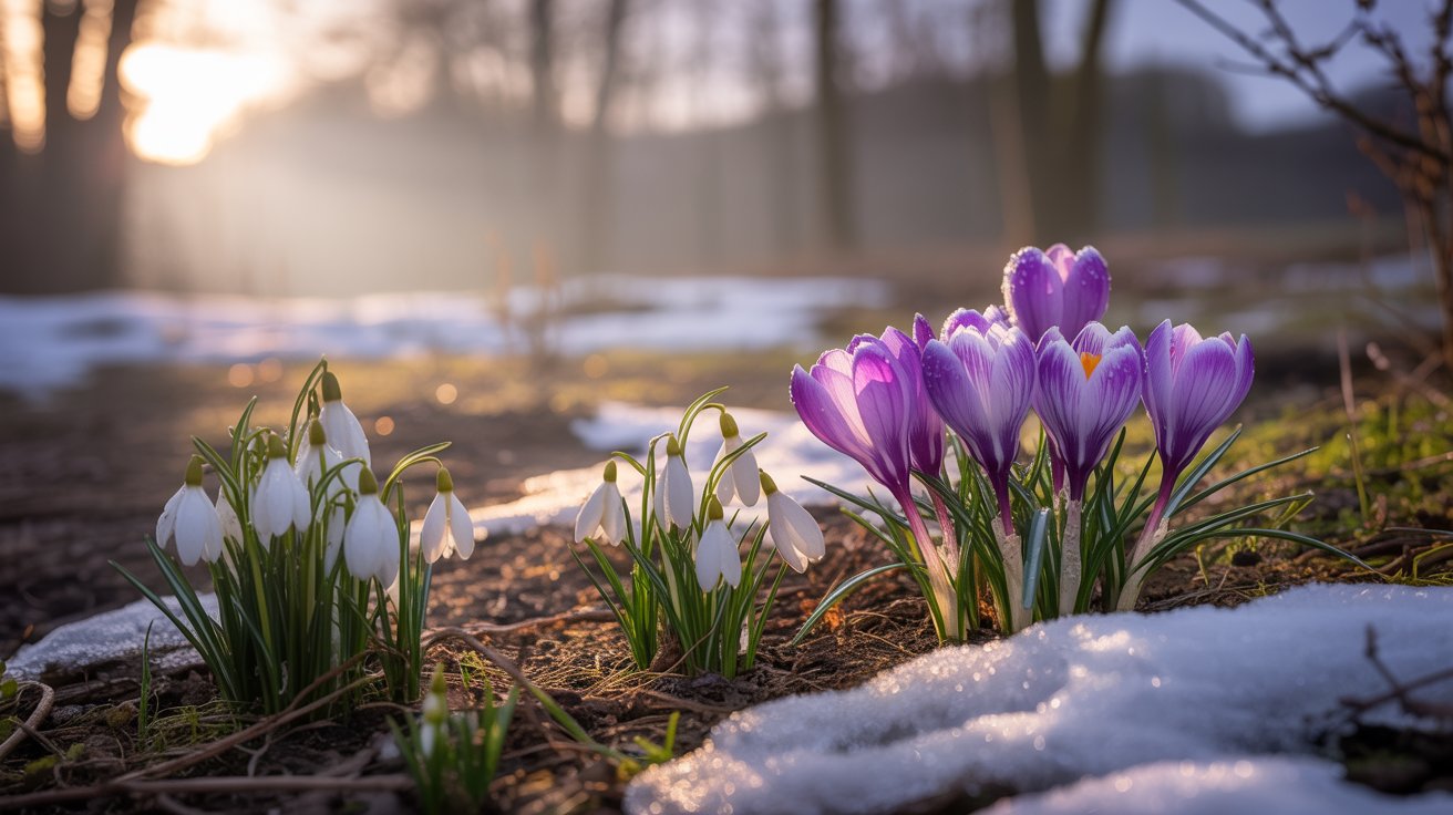 "Flowers blooming through melting snow in soft morning light symbolizing hope and renewal after winter."