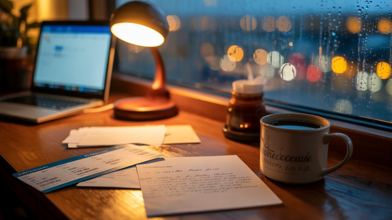 "Cozy nighttime desk with letters, airplane ticket, and glowing laptop symbolizing a long-distance relationship."