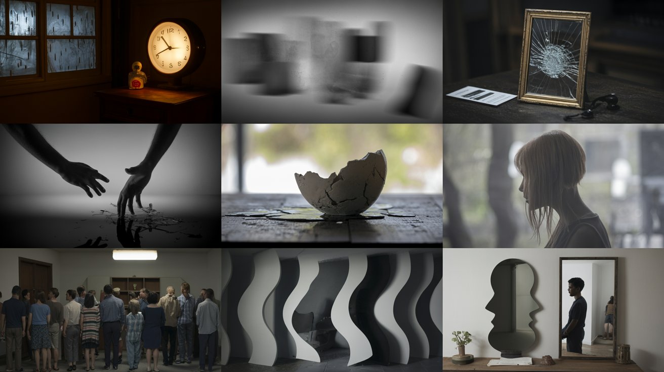 "Dark cinematic collage of loneliness, betrayal, grief, and self-doubt expressed through empty rooms, broken objects, and silent emotional spaces."