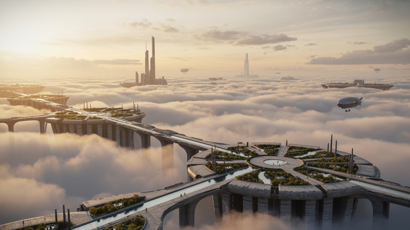 "Floating city above clouds with bridges, gardens, and golden sunlight creating a surreal yet grounded atmosphere."