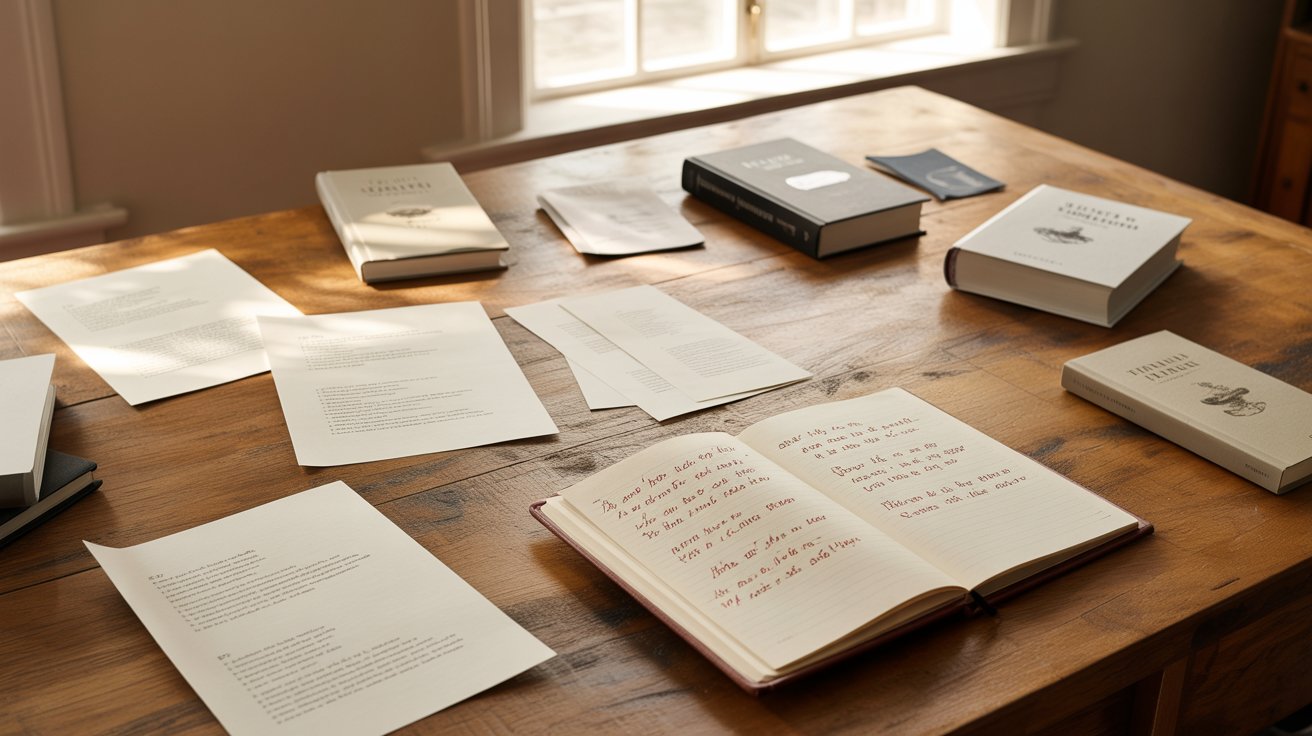 A poetry publishing workspace with manuscripts, book layouts, editing notes, and creative literary design elements.