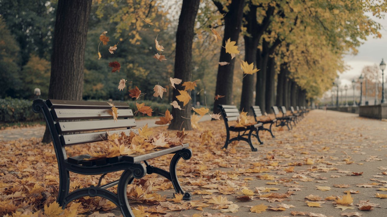 "Autumn leaves falling around an empty bench symbolizing change, reflection, and the passage of time."