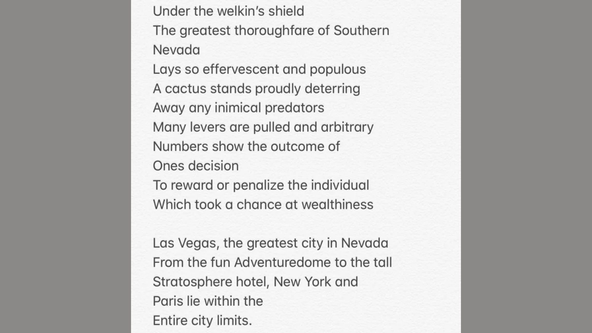 "Poem printed in black text on a white background with gray borders. The untitled poem describes Las Vegas as 'the greatest thoroughfare of Southern Nevada,' mentioning a cactus, levers, arbitrary numbers, the Adventuredome, Stratosphere hotel, and replicas of New York and Paris within city limits."
