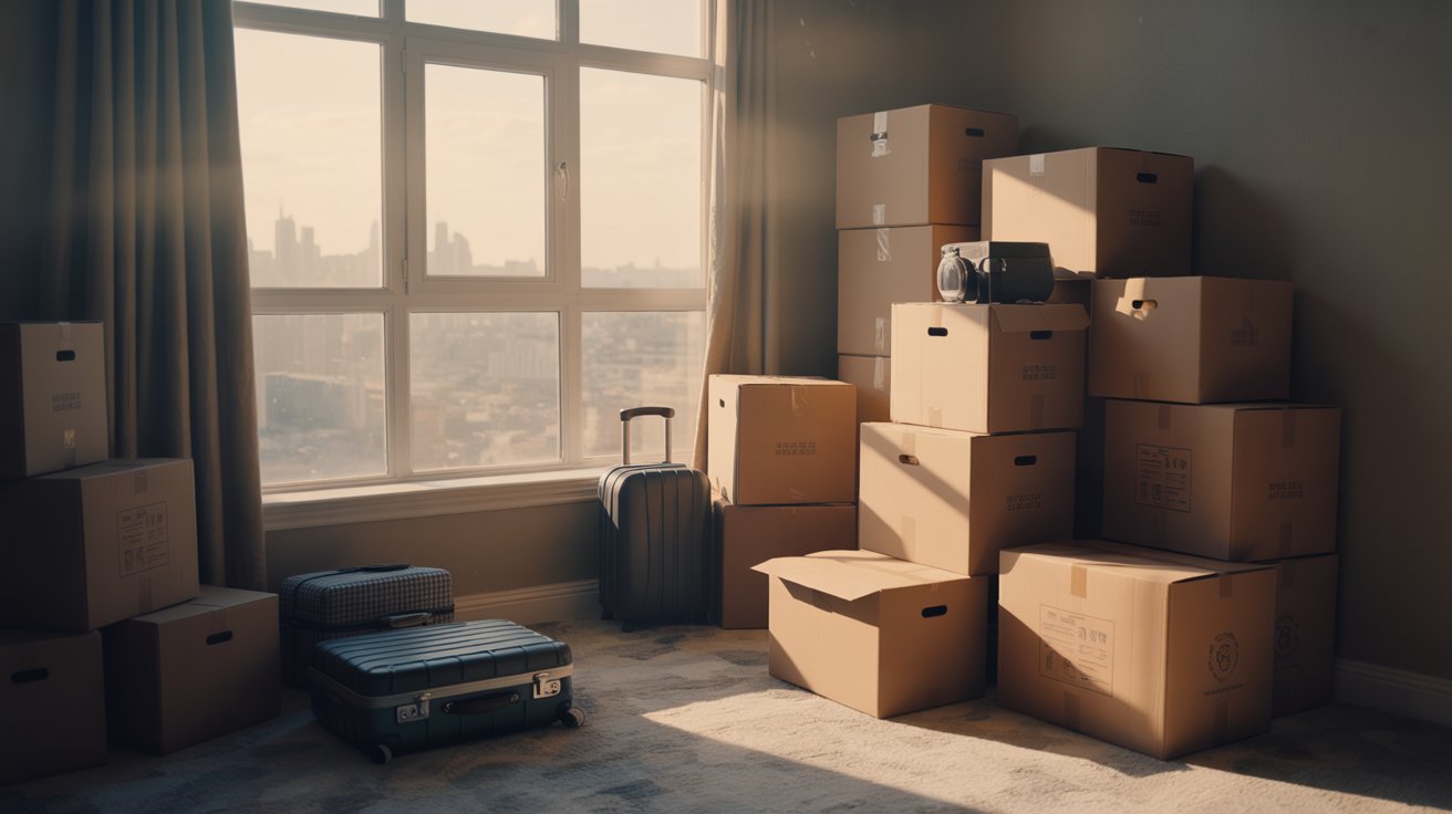 "Packed moving boxes and sunrise through an apartment window symbolizing the excitement of a new beginning."