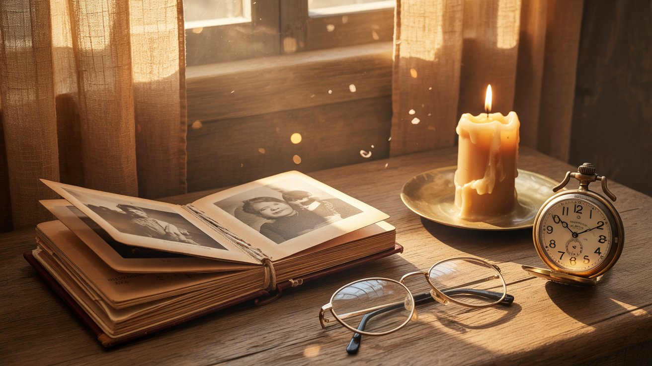 "Old photo album, candle, and vintage clock symbolizing the fear of growing older and passing time."