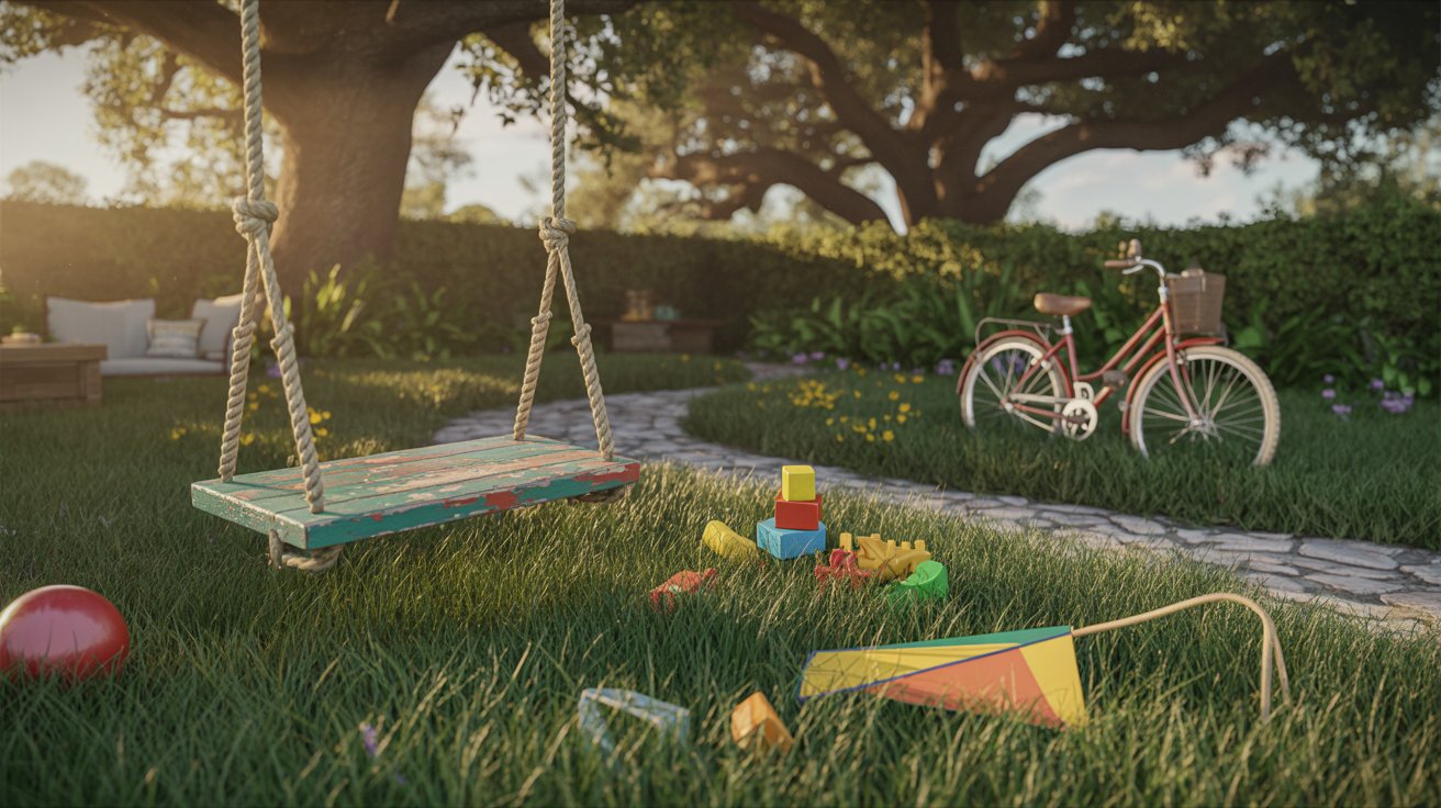 "Nostalgic summer backyard with a swing, bicycle, and warm sunlight capturing childhood memories."