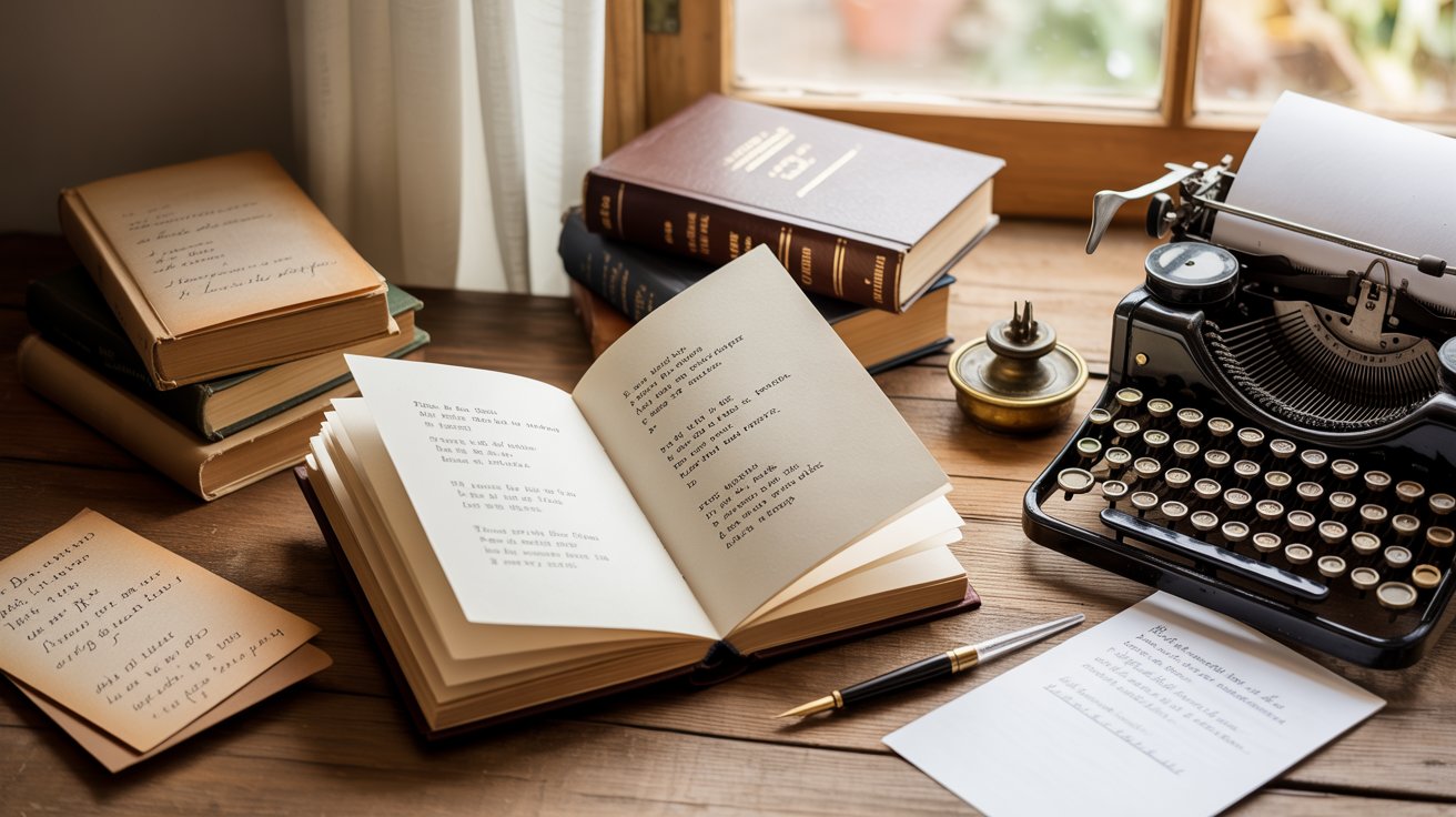 A poetry book collection with chapbooks, manuscripts, typewriter, and warm creative writing workspace atmosphere indoors.