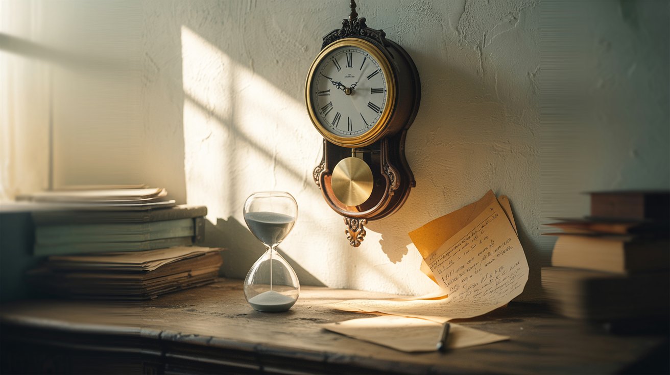 "Antique clock and hourglass in soft light symbolizing the shifting and subjective nature of time."