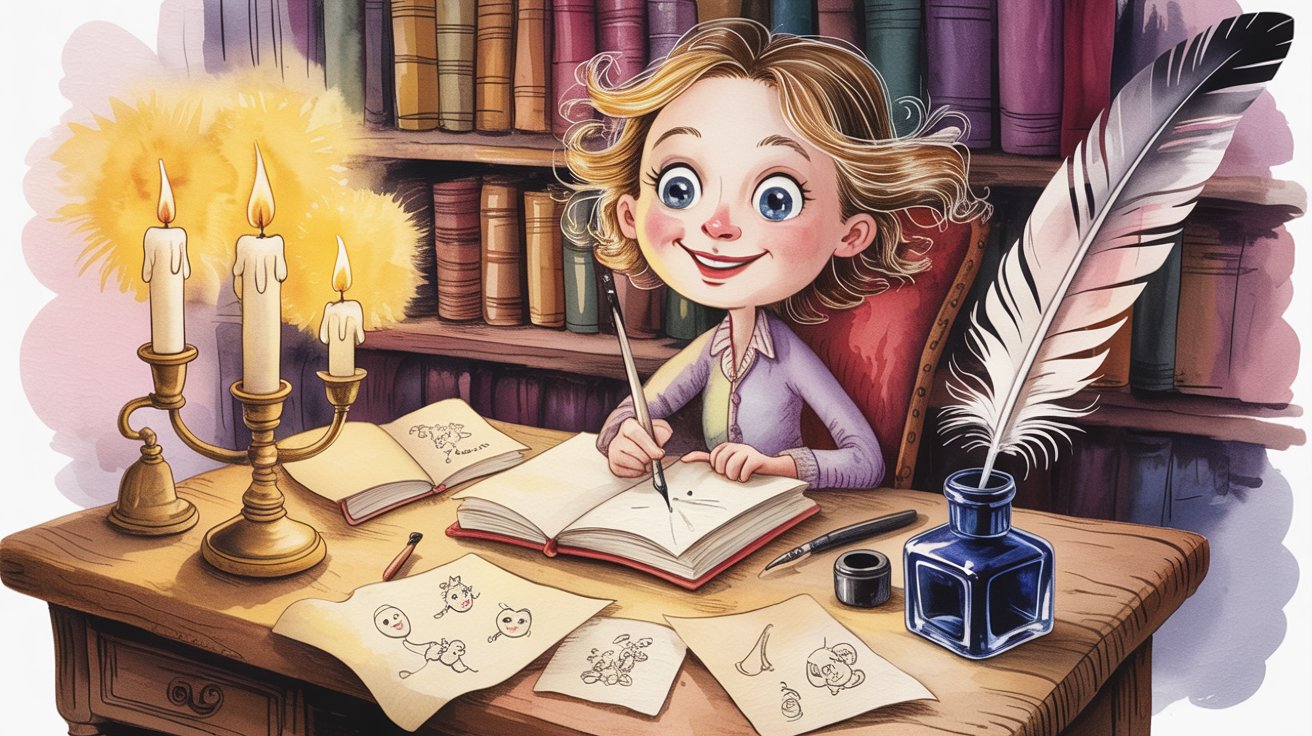 Writer crafting playful limerick poem at cozy desk with quill, parchment, and warm storybook atmosphere