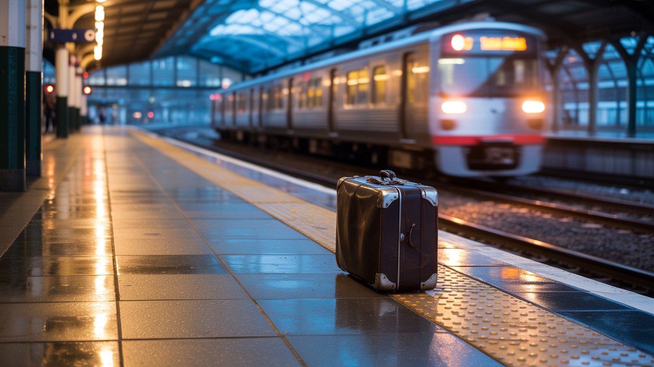 "Empty train platform with an abandoned suitcase and fading light symbolizing an unexpected goodbye."