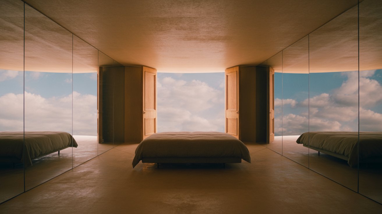"Surreal bedroom blending into floating clouds and shifting reflections creating a dreamlike atmosphere."