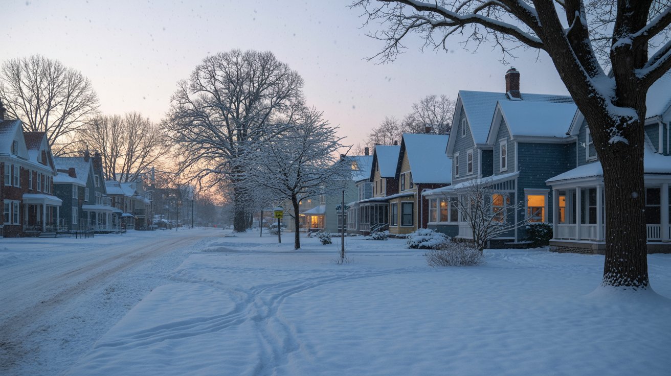 "Quiet neighborhood covered in fresh snowfall with glowing windows and peaceful winter atmosphere."