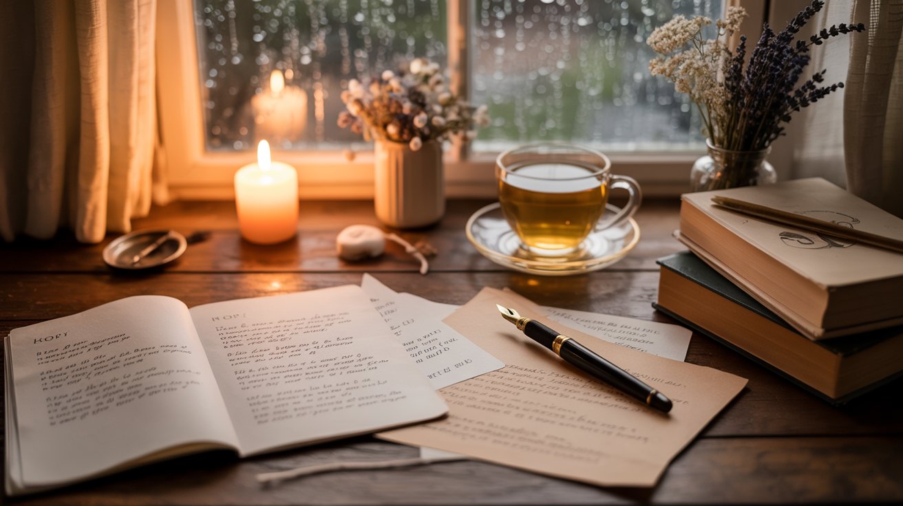 A cozy poetry writing desk with manuscripts, books, candlelight, tea, and warm artistic atmosphere indoors.