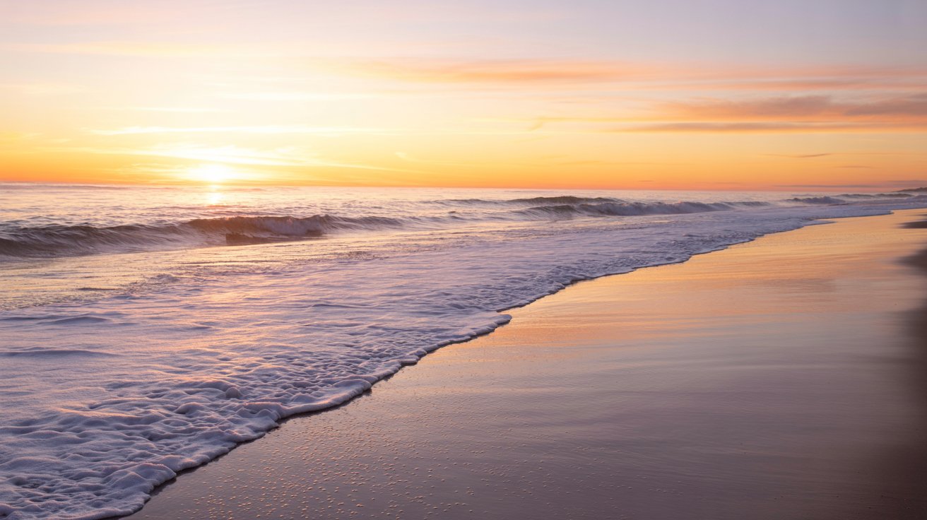 "Ocean waves glowing under a peaceful sunrise with warm light and calming beach reflections."