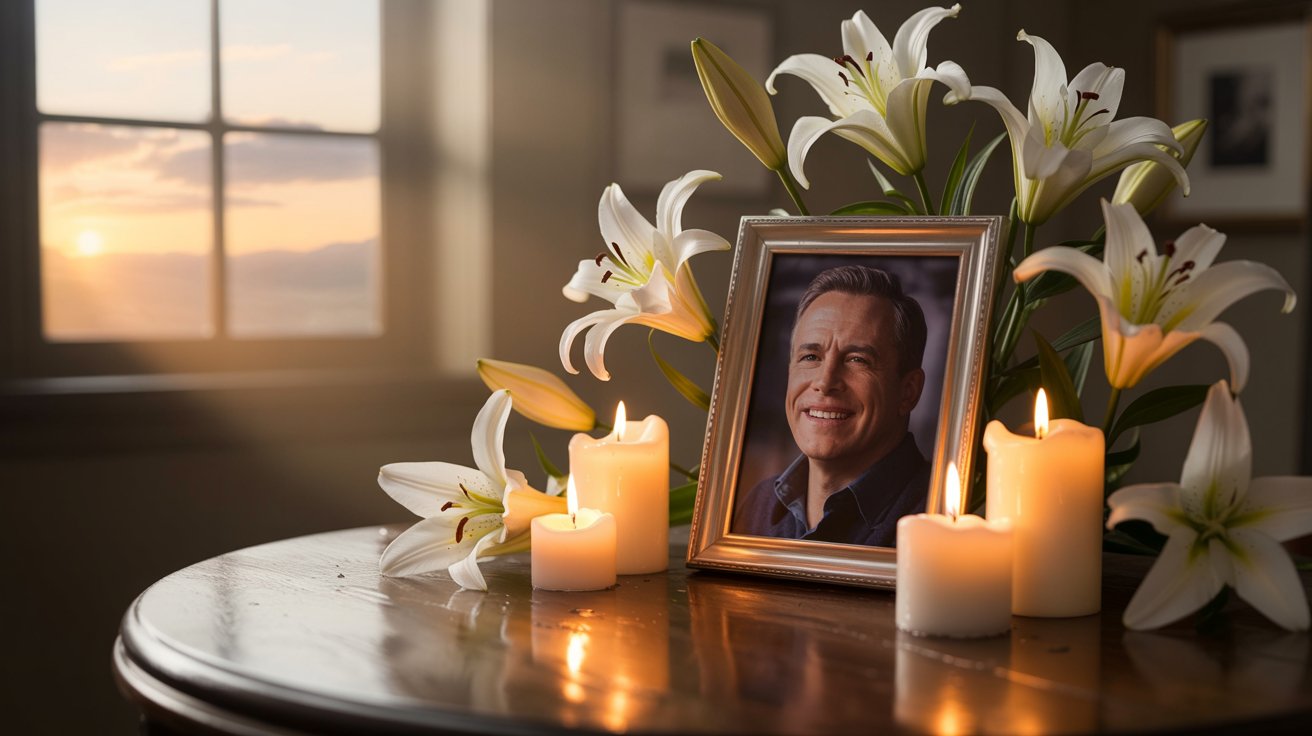 Father’s memorial portrait beside candles and lilies glowing warmly during peaceful sunset remembrance scene indoors.
