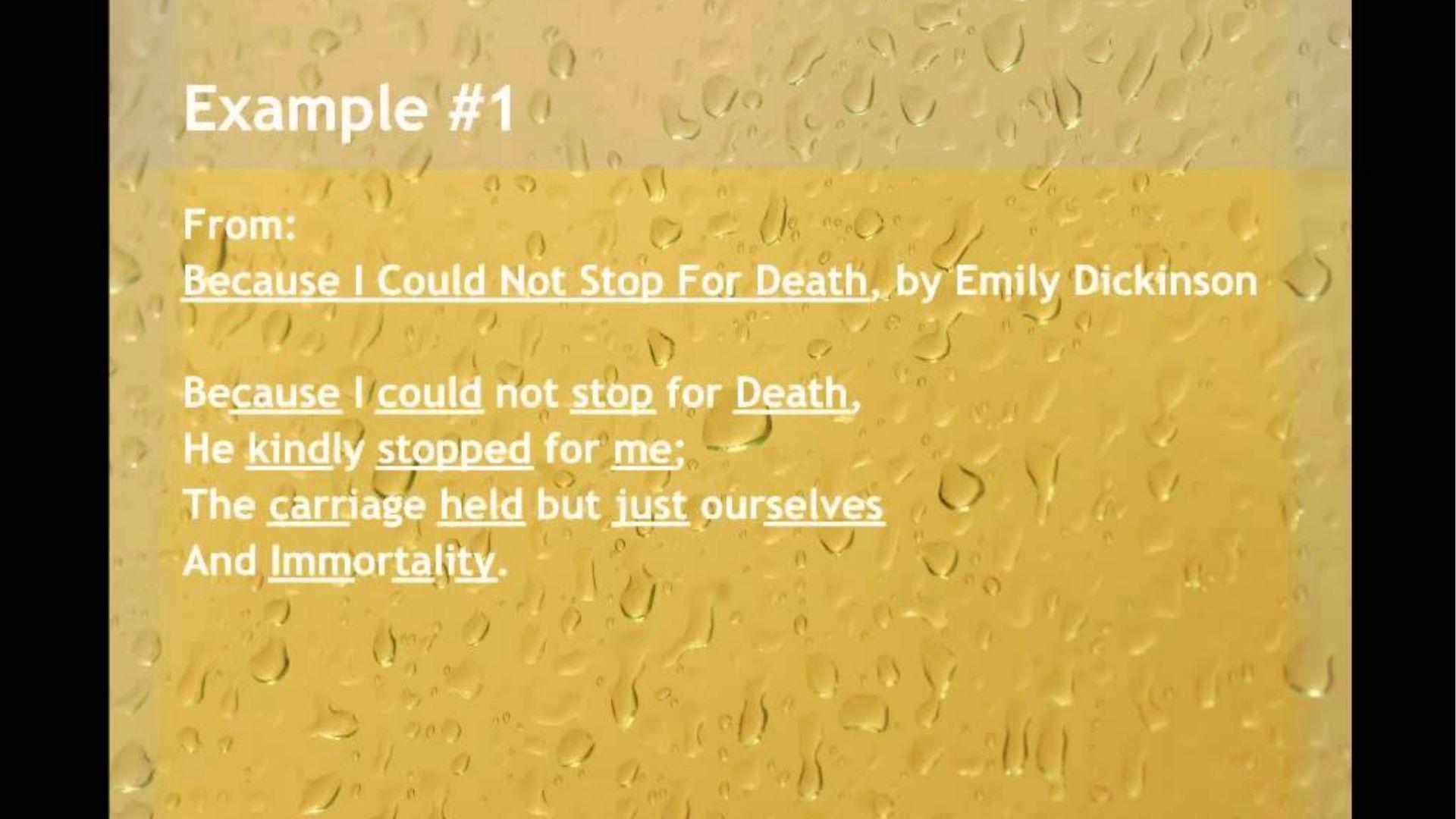 Emily Dickinson poem excerpt on water droplet background showing underlined stressed syllables to demonstrate rhythm and meter in poetry.