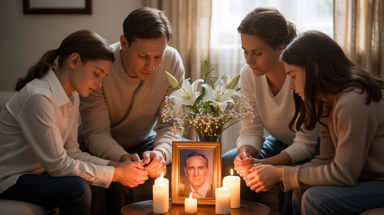 Family remembering late father beside candles, flowers, and framed portrait in peaceful emotional home setting.