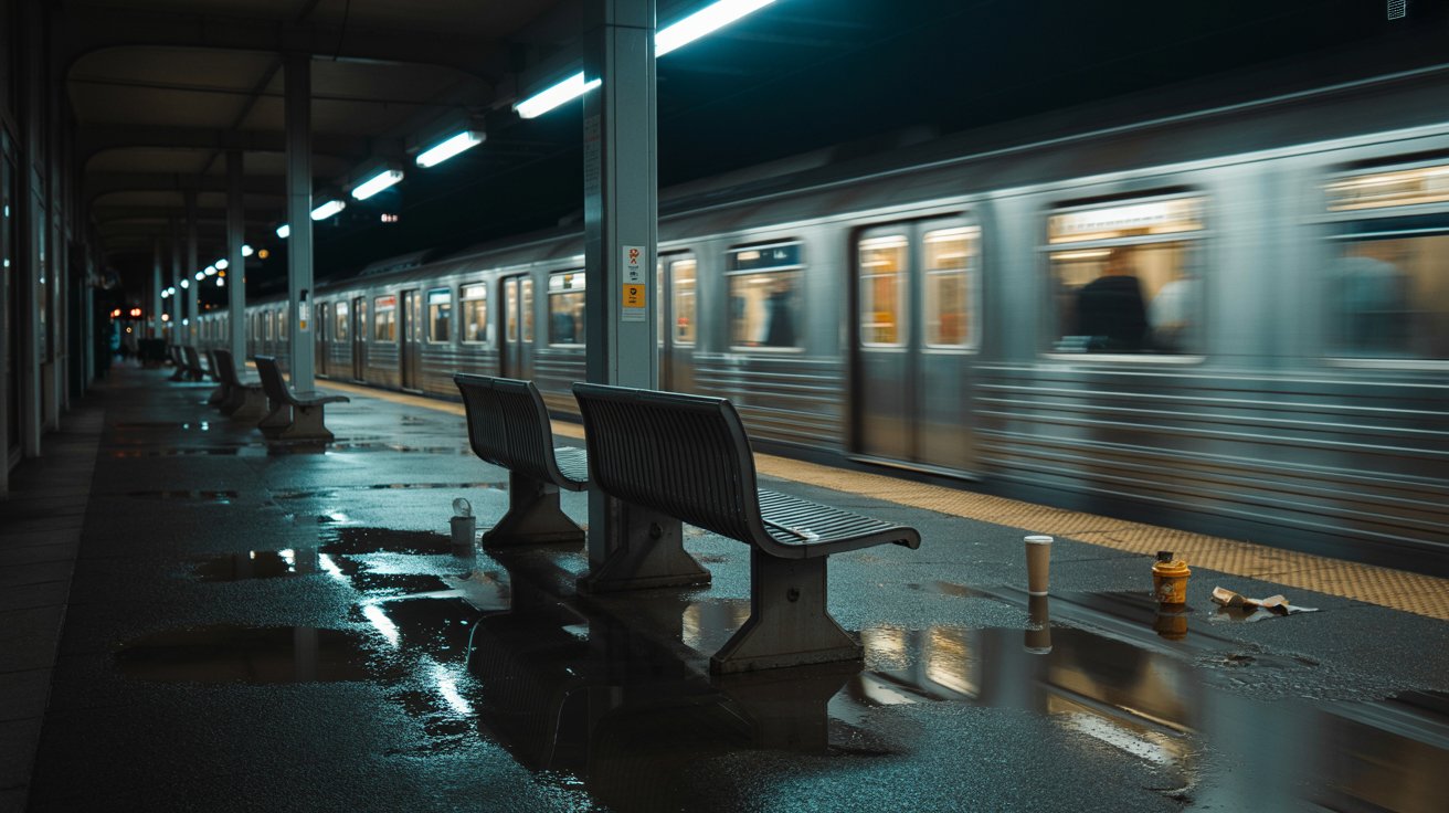 "Empty subway platform with dim lights and rain reflections symbolizing loneliness and feeling invisible in a crowd."