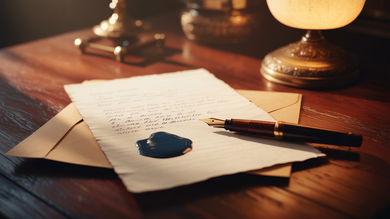 "Handwritten letter and fountain pen on a wooden desk under warm light symbolizing a love letter turned into poetry."
