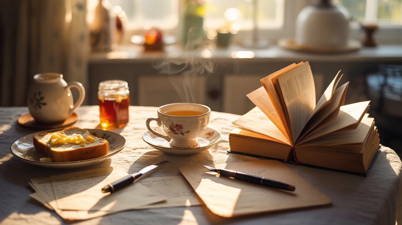 "Sunlit kitchen table with tea, book, and breakfast items symbolizing a simple and personal sense of happiness."
