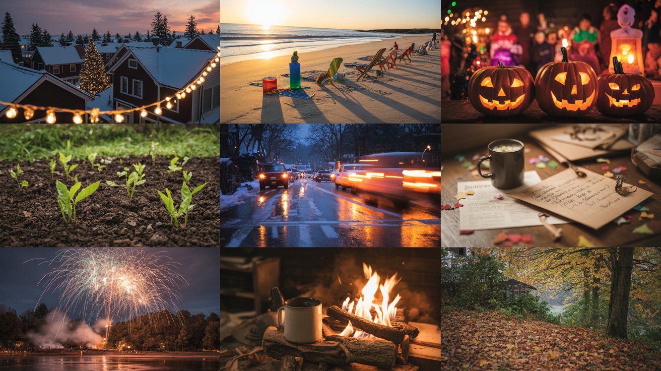 "Cinematic collage of seasonal moments including Christmas lights, summer beach, monsoon rain, fireworks, and cozy winter warmth."