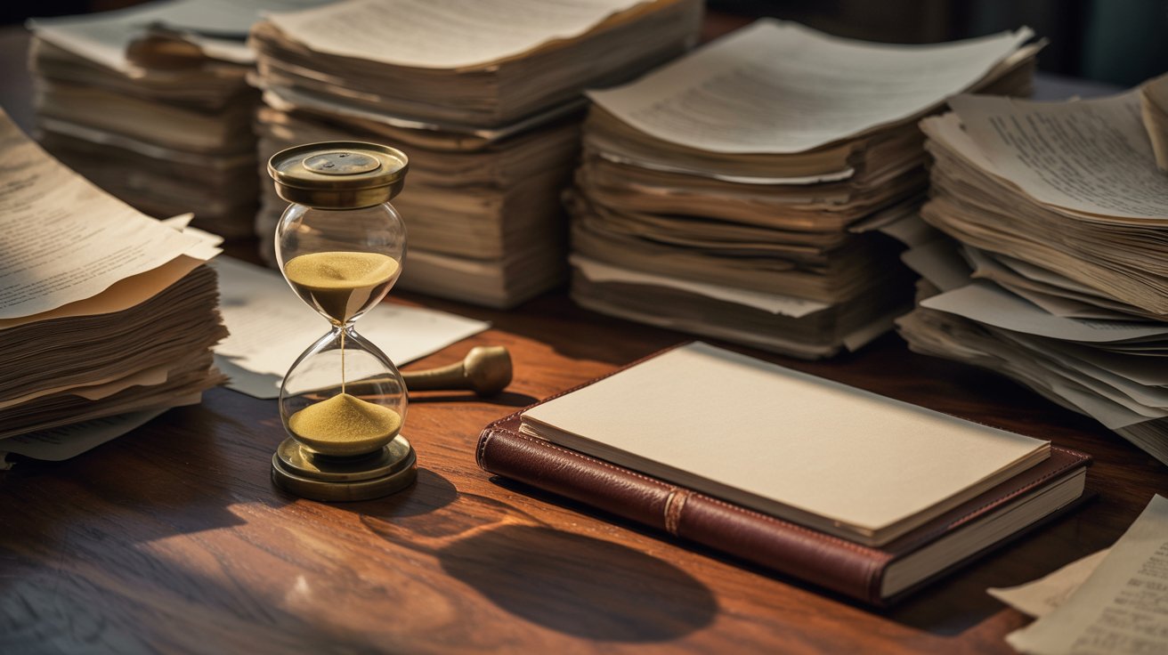 "Neatly arranged desk with drafts, a blank notebook, and a cracked hourglass symbolizing pressure to be perfect."