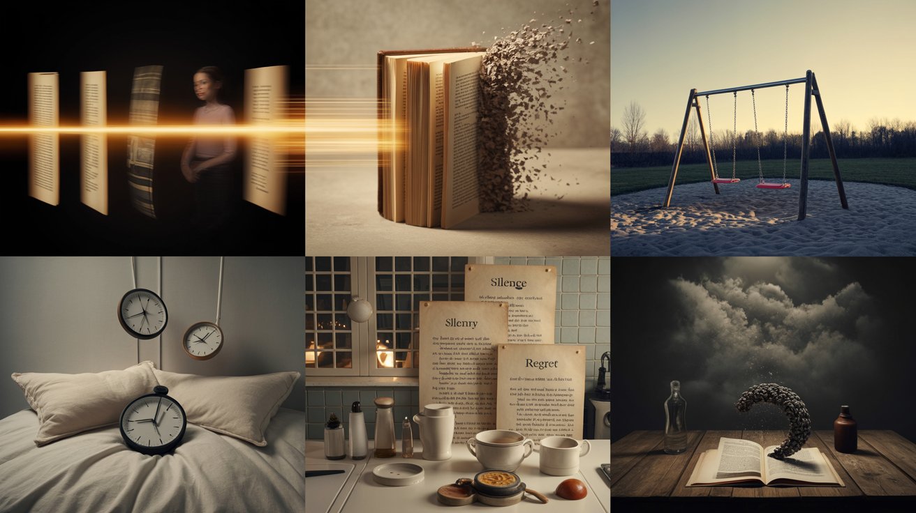 "Cinematic surreal collage of reversed time, empty spaces, fading memories, storms, hands, and emotional objects representing creative poetry ideas."