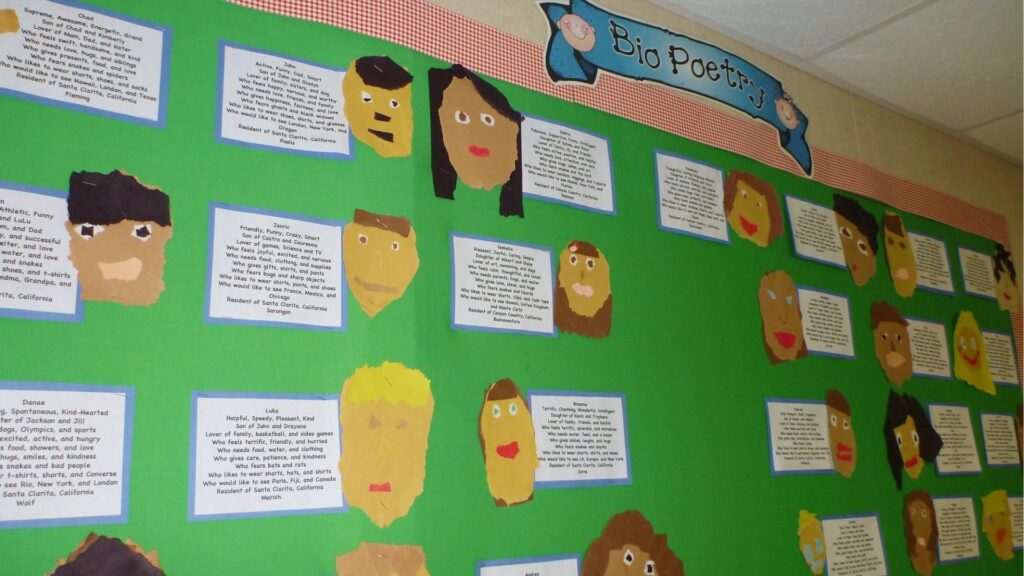 Green classroom bulletin board titled Bio Poetry displaying multiple student bio poems with handmade paper face cutouts attached.