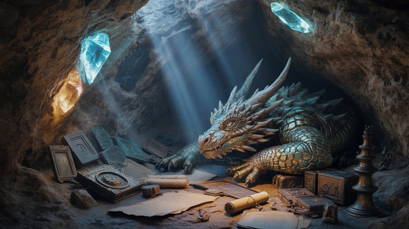 "Ancient dragon guarding forgotten artifacts in a glowing cave filled with soft mystical light."
